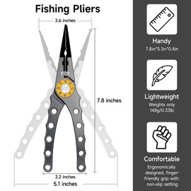Fishing Pliers, Safety Lock Design Saltwater Fishing Pliers, Hook Remover Braid Cutter, Stainless Steel Split Ring Multi-Tools with Sheath and Lanyard