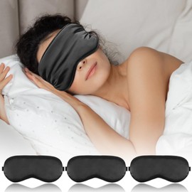 FlyCoco 3PCS Silk Eye Mask for Sleeping, Soft Comfortable Lightweight Sleep Masks with Adjustable Strap, Light Blocking Night Masks, Blackout Eyes Covers for Aldult Women Men Travel Airplane, Black