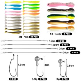 Annyswit 62 Pcs Fishing Soft Plastic Lures Kit with Tube Jig Heads & Offset Fishing Hooks & Wire Traces 100mm/70mm Bionic Loach Fishing Lure Paddle T-Tail Swimbaits for Bass Pike Trout Fishing