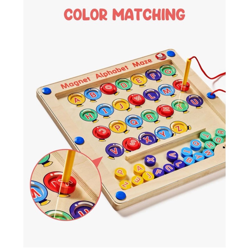 Gamenote Magnetic Alphabet Maze Board with 4 Activity Cards, Wooden