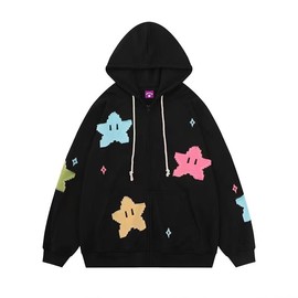 Tooe Women's Preppy Star Zip Up Hoodies Y2K Graphic Vintage Jacket Harajuku Baggy Sweatshirts Alt Long Sleeve Clothes (Black,S)