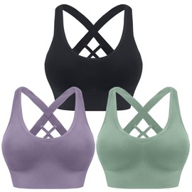 HANERDUN Women's Mittle Support Sports Bra Crossback Push Up Yoga Bra Seamless Without Underwire with Removable Padded for Fitness Running Jogging, 3 pieces (black + grey purple + light green)