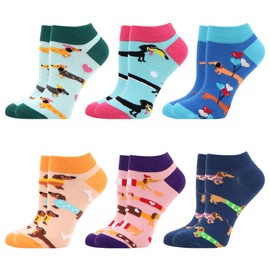 WeciBor 6 Pairs of Women's Funny Colourful Trainer Socks Funny Casual Cotton Short Fun Socks, Blue/Green/Orange/Pink/Multicoloured Dachshund 6B, 35 - 38