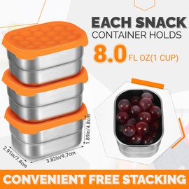 Hsei 6 Pcs Stainless Steel Snack Containers for Kids, 8oz Food Containers with Silicone Lids Portable Reusable Metal Toddler Lunch Box for Daycare and School Storage Supplies(Orange)
