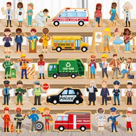 Blosssound 40 Pcs Wooden Community Helpers Toys Wooden Cars Set Wood People Figures Multicultural Career Wood Blocks for Preschool Classroom Diversity Play Games Educational Activity Supplies