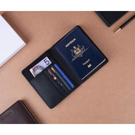 Leather Travel Wallet and Passport Holder - Handstitched Full Grain Leather Passport Wallet & Travel Accessories, Modern Bi-fold Luggage & Travel Essentials Organiser (Australia Logo Black)
