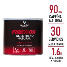 VALARA Firenox Red Punch - Pre-Entreno en Polvo 180 g - Suplemento Alimenticio Natural - Sabor Ponche - Beta Alanina - 30 Servicios - Gym, Entrenamiento