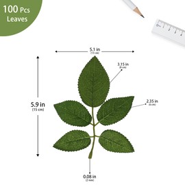Vignor 100 Pcs Artificial Flowers Green Leaf Bulk Faux Greenery Silk Fake Rose Leaves Bouquet Garland Wreath Floral Arrangement Supplie DIY Craft (1 Stem with 5 Large-Leaf Green)