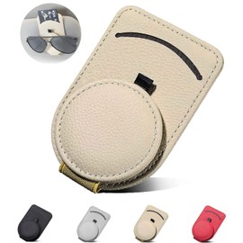 HUACHENG Eyeglass Holder Leather Sunglasses Clip for Car Sun Visor Sunglasses Glasses Ticket Card Clip Holder Glasses Clip Car Eyeglass Holder Easy to Install 4 Colors ((2 in 1 Function) Beige)