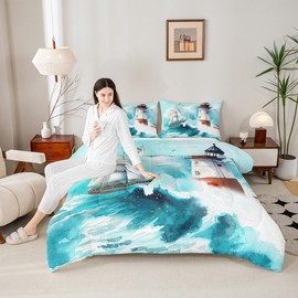 Castle Fairy Nautical Comforter Set Queen,Lighthouse Sailing Boat Bedding Set 3pcs for Kids Teens Boys Girls Room Decor,Watercolor Waves Down Comforter Sea Adventure Quilt Set with 2 Pillowcases