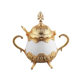 Alisveristime Turkish Porcelain Sugar Bowl with Zamac Metal Accents & Spoon – Elegant Ottoman-Inspired Decorative Sugar Jar (5.9” x 3.94” x 3.94”) (Gold)