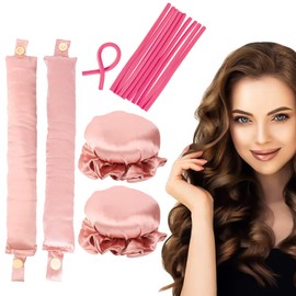 TYXHXTF 4 Stück Lockenwickler Locken Ohne Hitze, Band Lockenwickler über Nacht, Heatless Curls Band, Mit Seidenhaube, DIY Styling für Kurzes und Langes Haar, Lockenstab Kurze Haare (Rosa)