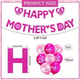 Mothers Day Decorations-20 Pcs Mothers Day Balloons,Happy Mothers Day Banner-I Love You Mum Pink Latex Balloons,Pink Mothers Day Bunting,Best Mum Gifts from Daughter Son for Mum Grandma Birthday Part