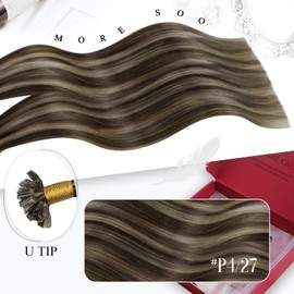 Moresoo U Tip Human Hair Extensions Pre Bonded Hair Extensions Dark Brown with Caramel Blonde U-Tip Hair Extensions Real Human Hair 1g/s 50g/Pack #P4/27 24 Inch