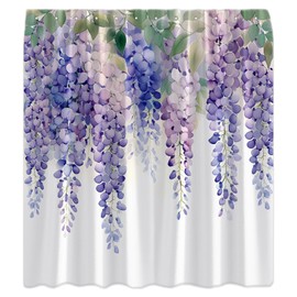JOFKAXU Purple Wisteria Floral Shower Curtain Watercolor Green Leaves Vine Plant Spring Violet Flower Blossom Modern Simple Bath Curtain with Hooks