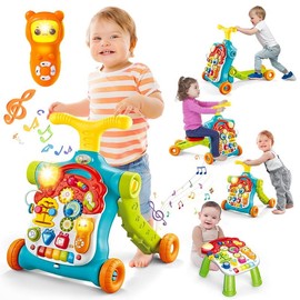 TERRAMUS 5-in-1 Baby Walker Sit-to-Stand, Educational Activity Center with Removable Play Panel, Push Walker for Toddlers 6-18 Months, Gift for Boys & Girls - Color: Lake Blue