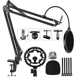 Microphone Stand for Blue Yeti, Snowball, Boom Arm Scissor Mic Stand with Shock Mount, Windscreen and Double layered Pop Filter, Heavy Duty Mic Boom Arm Stand, Broadcasting and Recording.Game