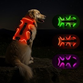 Fiveda Light Up Dog Harness LED Dog Vest - USB-C Rechargeable RGB 9-LED, Slow/Fast Rainbow Modes, Reflective No-Pull Harness with Dual D-Rings & Handle for Small to XL Dogs (Orange, XL)