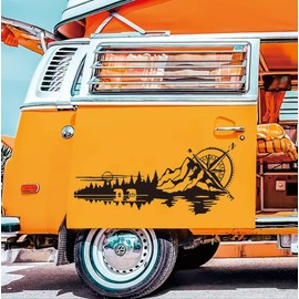 Mountain Landscape Compass Rose Vinyl Decal – Large Forest Scene Car & Truck Sticker, Waterproof Adventure Nature Graphic for SUV, Camper, RV, Laptop, Windows 15x40inch (Black)