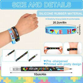 Whaline 24 Pack Autism Awareness Pencils Bracelets Sets Inspirational Silicone Wristbands Short Pencils Colorful Half Pencils Stretchy Bracelets for Autistic Students School Office Party Supplies