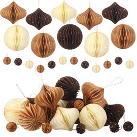 TecUnite 50 Pcs Honeycomb Paper Christmas Tree Ornaments Boho 3D Mini Glitter Edge Paper Honeycomb Hanging Ornament Neutral Vintage Xmas Tree Decoration Holiday Party New Year Decor(Brown)