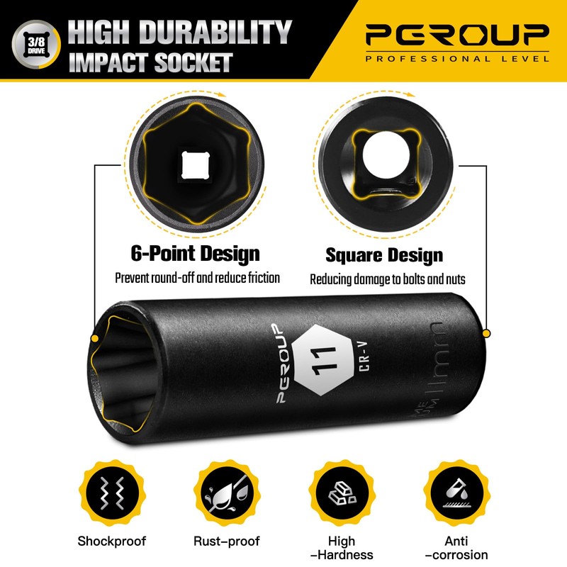 PGROUP 3/8” Drive Deep Impact Socket, Metric(11mm socket), 6-Point, Cr-V