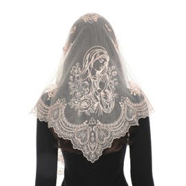 Bozidol Mantilla Triangle Embroidered Fatima Virgin Mary Rose Veil - Champagne | Catholic Lace Church Veil for Women