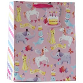 Design By Violet Kids Carnival Happy Birthday Paper Gift Bag With Matching Gift Tag Pink Presents Gift Bag For Children Birthday Gift Wrap Occasion Party Animal (Pink, L (Pack of 1))