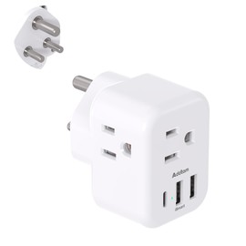 India Power Adapter, Addtam Type D Plug Adapter with 3 American Outlets 3 USB Ports(1USB C), 6 in 1 India Travel Plug Adapter for US to India, Bangladesh, Kuwait, Maldives