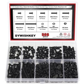 DYWISHKEY 566 Pieces M3 Black Screws, 10.9 Grade Alloy Steel M3x 5/6 /8/10 /12/16 /20mm Button Head Socket Cap Screws Bolts Nuts Washers Assortment Kit