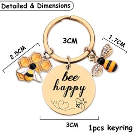 Bee Keyring Gifts for Women Girls - Inspirational Round Bee Happy Present for Teacher Friend Kids Gold, Cute Motivational Honeycomb Charms for Leaving Colleagues Men Graduation