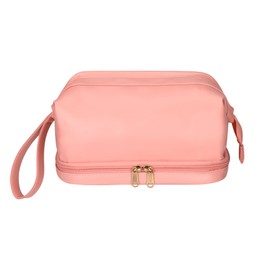 Toiletry Bags Double Layer PU Leather Cosmetic Case Large Capacity Makeup Organizer Pouch with Zipper for Men & Women Travel, Business Trip Pink