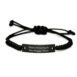 Hula Hooping Inspiration Rope Bracelet, Valentine's Unique Gift for Her, Adjustable Black Rope Gift from Friends, Funny Quote 'Hula Hooping Is My Happy Place' for Hula Hooping Enthusiast