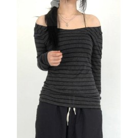 EMMIOL Off The Shoulder Tops for Women Striped Long Sleeve Shirts Going Out Top Y2k Fall Clothes Grey