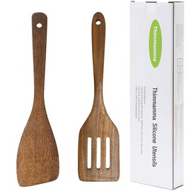 Wooden Spatula for Cooking 12 Inches, Wood Spatula Slotted and Angled Solid Turner Cooking Utensils for Nonstick Cookware, Kitchen Spatula for Fish, Eggs, Pancakes, 2 Pack