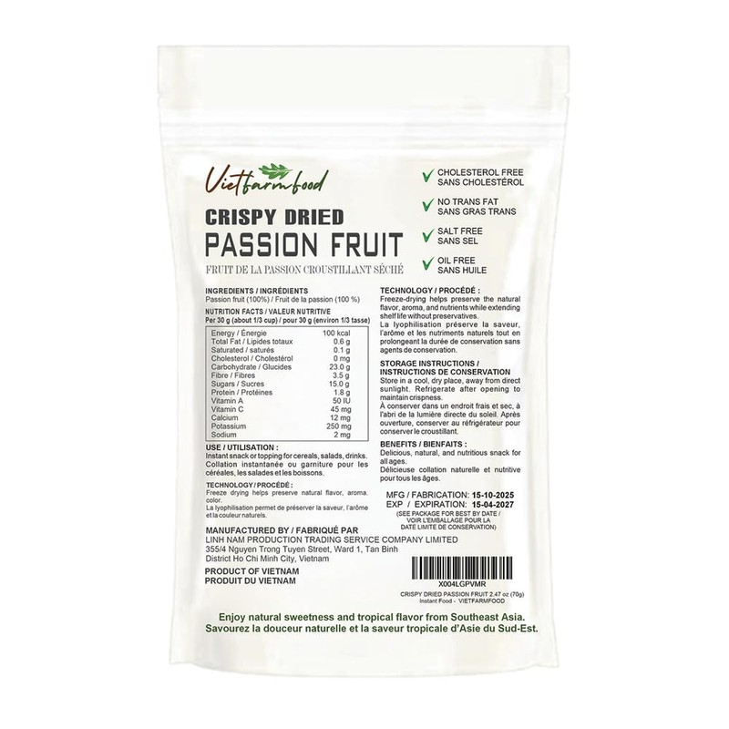 CRISPY DRIED PASSION FRUIT 2.47 oz (70g) VIETFARMFOOD: Freeze-dried, no