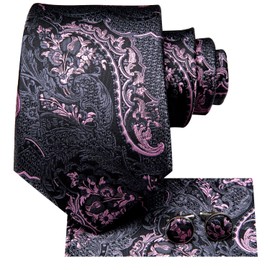 Hi-Tie 63'' Paisley Black Pink Extra Long Ties for Men Silk Mens Ties Set Necktie and Pocket Square Cufflinks for Wedding