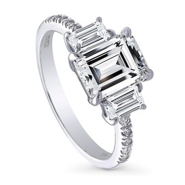 BERRICLE Sterling Silver 3-Stone Wedding Engagement Rings 2.1 Carat Step Emerald Cut Cubic Zirconia CZ Promise Ring for Women, Rhodium Plated Size 4.5