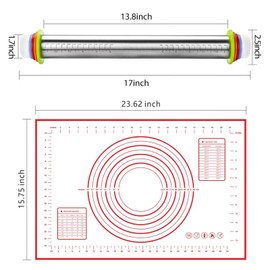 Stainless Steel Rolling Pin and Silicone Mat Set, Adjustable Thickness Rings - For Baking Dough, Pizza, Pies, Pastries, Pasta, Cookies