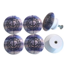 Twisted R Design Set of 6 Blue Anchor Compass Wood Cabinet Knobs
