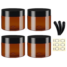 4Pcs, 120ML Empty Amber Plastic Jars With Black Lids, 3 Spatula & 6 Label - Apstaqeoo Round Cosmetic Containers Refillable Cosmetic Jars Travel Jars Slime Jars for Lotion Ointments Creams Gel Storage