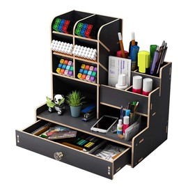 UgyDuky Upgraded Wooden Pencil Holder, Art Supply Organizer, Desktop Pen Organizer with Drawer, Multi-Functional Desktop Stationary Storage for Colored Pencils Pens Markers Office Home School Supplies (black)