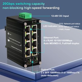 Industrial 8 Ports Gigabit Ethernet Switch Fiber Switch with 100/1000M Adaptive 2 SFP Slots Din Rail Unmanaged 10/100/1000Mbps Small Network Switch 12-48V DC Input
