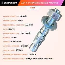 Sandbaggy 1/2" x 3" Concrete Wedge Anchors Bolts - Hex Head (Galvanized) - Masonry, Concrete (4, 1/2" x 3")