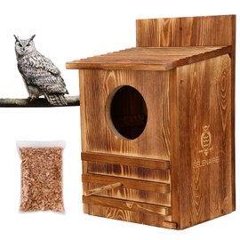 SELENAIRE Premium Pine Outdoor Owl House – Songhorn Owl Nest Box (Round Hole Design), Year-Round Songbird Habitat. Equipped with Pine Wood Shavings, Screws & Tools – Quick & Worry-Free Assembly