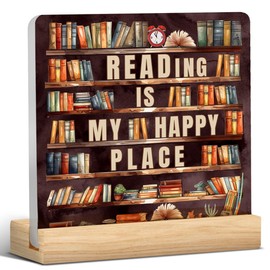 Book Lovers Gifts for Women, Reading Gifts for Book Lovers, Book Club Gifts, Birthday Gifts for Book Lovers, Librarian Gifts, Reading Is My Happy Place Acrylic Desk Sign Home Decor (4 x 4 Inches)