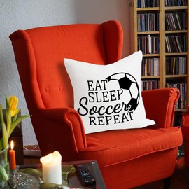 Rusenbao Soccer Decorative Throw Pillow Covers 18×18, Soccer Gifts for Boys, Soccer Room Decor for Boys, Eat Sleep Soccer Repeat, Soccer Ball Football Pillows Covers for Boys Room