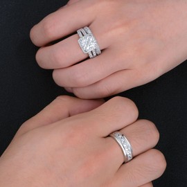 Wuziwen Wedding Wedding Ring Sets for Him and Her Set Princess Promise Ring for Couples Cubic Zirconia Sterling Silver Engagement 12+7