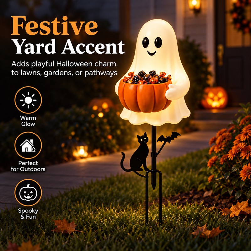 Halloween Ghost Pumpkin Stake Light for Yard – 2D Outdoor