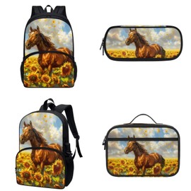 Gomyblomy Horse Sunflower Backpack Set for Boys Girls 3 in 1 School Bag with Lunch Bag and Pencil Case Lightweight Travel Rucksack for Teens Adults Elementary Middle High School Bookbags